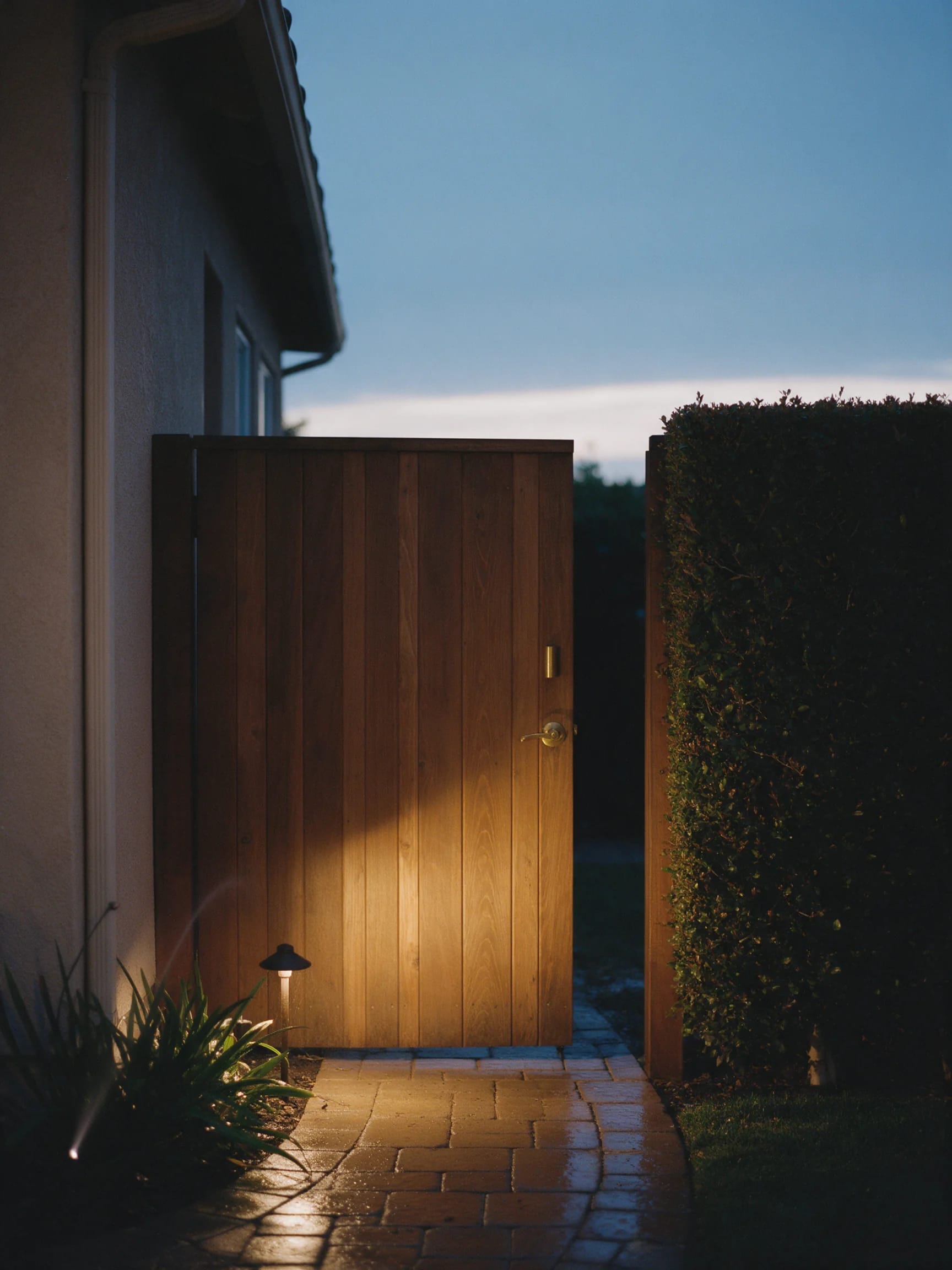 The side gate of the same house: a timber gate with a brass latch at hand height, the yard behind it already dark.